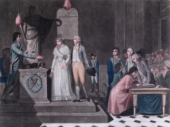 Bürgermeister führt eine republikanische Ehe während der Französischen Revolution, um 1795